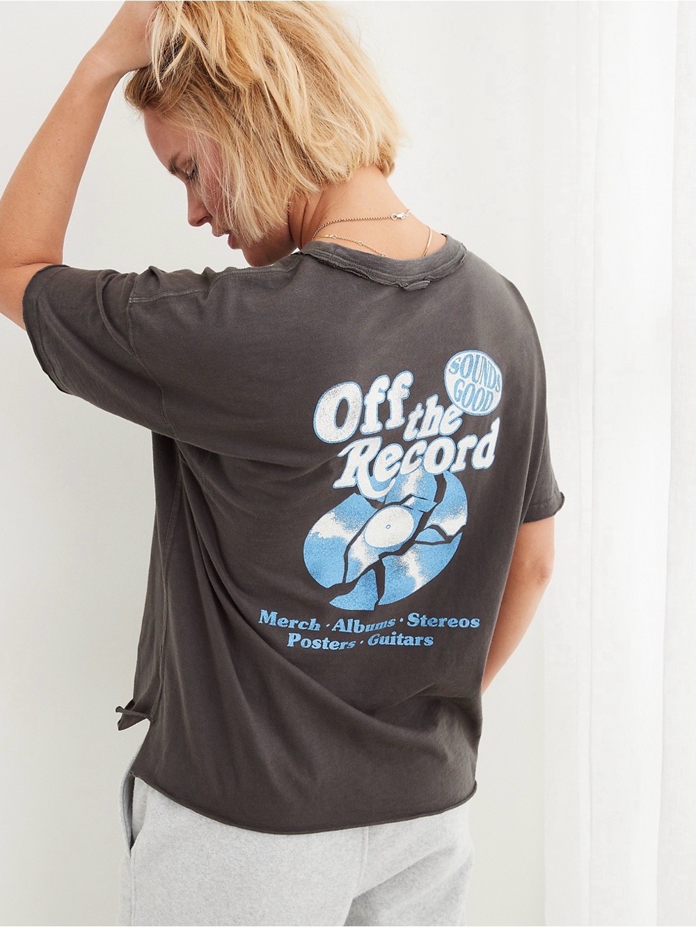 aerie Charcoal Graphic Tee with Light Blue Print